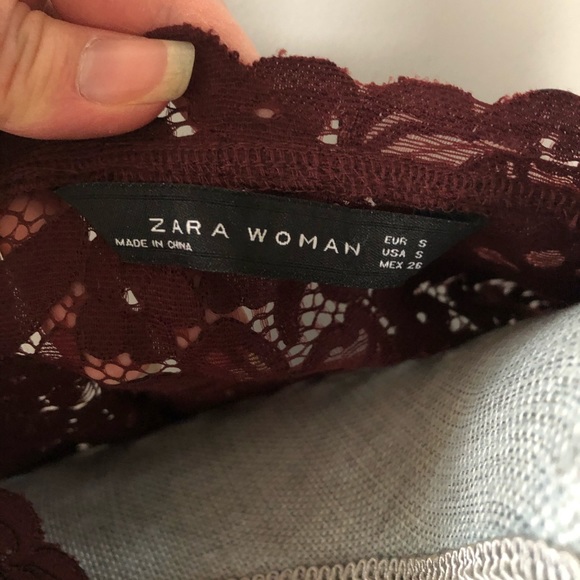 Zara lace tunic top burgundy maroon with flared bell sleeves, semi sheer - Picture 5 of 5
